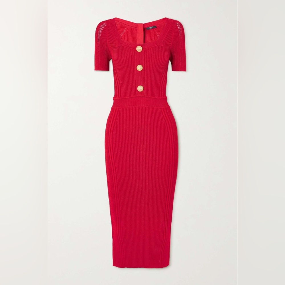Balmain Red Short-sleeved knit midi dress